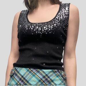 Vintage 90s Y2K Fairy Grunge Goth Black Silk Sequin Cropped Sleeveless Top Small